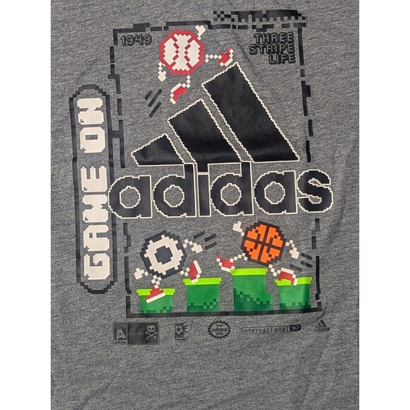 Adidas 8-Bit Sports T-Shirt Youth XL Video Games 3 Stripe Logo Grey Short Sleeve - Picture 2 of 7